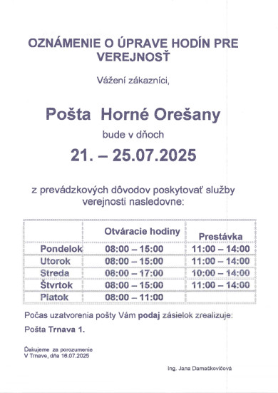 Zmena prevádzkových hodín na Pošte v Horných Orešanoch 