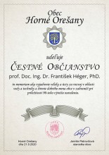 Čestné občianstvo obce Horné Orešany prof. Doc. Ing. Dr. František Héger, PhD.